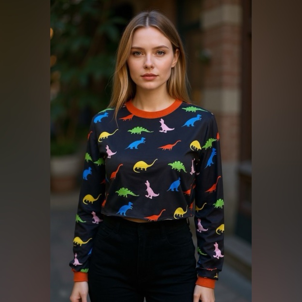 SHEIN Black Multicolor Dinosaur Print Blouse